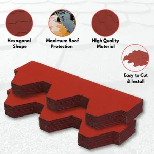 Premium Asphalt Roof Shingles, 25 Pcs Covers 32.2 sqft - Red Hexagonal Shape Design Felt Shingles 80 x 31.5 cm Weather Resistant