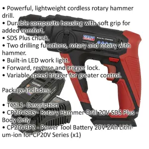 20V Rotary Hammer Drill - SDS Plus Chuck - Includes 2Ah Battery & Charger - Bag