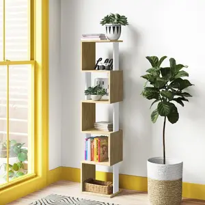 Chane Wall-Mounted Bookcase with 5 Shelves | Modern Storage Unit for Home or Office Oak/White