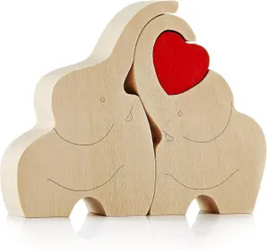 Loving Wooden Elephant Couple Figurine with Red Heart - Heartfelt Ornament Decor Gift with a Message of Love