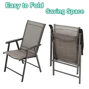 Set of 4 Brown Metallic Frame and Fabric Foldable Garden Chairs Set