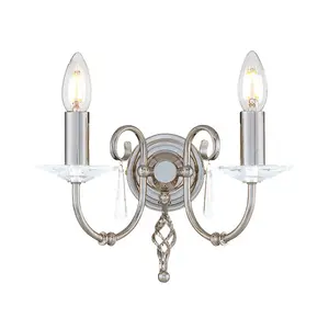 Twin Wall Light Cut Glass Droplets Swirl Finial Polished Nickel LED E14 60W