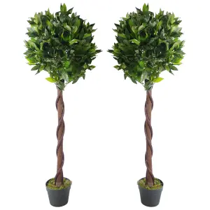 Pair of 120cm (4ft) Twisted Trunk Artificial Topiary Bay Laurel Ball Trees