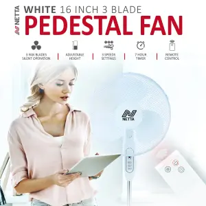 16 Inch Pedestal Fan With Remote Control Timer - White