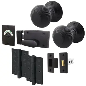 AFIT Beehive Reeded Black Door Knob Set - 1 Pair Matt Black Mortice Knobs (55mm), Latch (76mm), Hinges (76mm) & Indicator Bolt