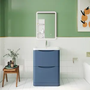 Floor Standing 2 Drawer Vanity Basin Unit with Polymarble Basin, 600mm - Satin Blue