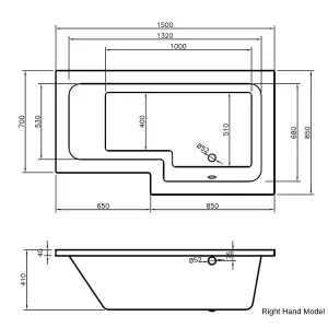 1500mm L Shape Shower Bath & Screen - Right Hand