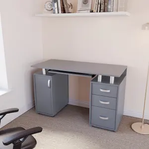 Vida Designs Otley Grey 3 Drawer Computer Desk With Shelves and Keyboard Tray