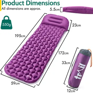 Lightweight Sleeping Mat With Pillow Ultra Light Inflatable Camping Mattress 5.5cm - Purple