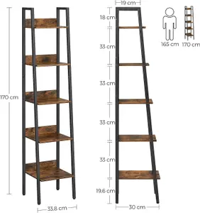 VASAGLE Ladder Shelving Unit, 5-Tier Vertical Bookshelf, Functional Organizer, Industrial, Rustic Brown and Ink Black