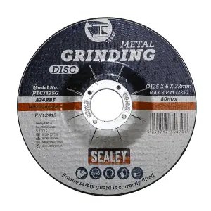 Sealey 125 x 6mm Grinding Disc Aluminium Oxide 22mm Bore Multicolour PTC/125G