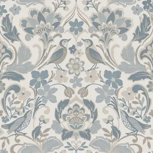 Folk Floral Patterned Textured Vintage Wallpaper Soft Blue World of Wallpaper 946103