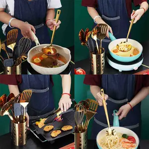 Gold Cooking Utensils Set, Stainless Steel 13 Pieces Kitchen Utensils Set With Titanium Gold Plating, Kitchen Tools Set With Utensil Holder, Dishwasher Safe, Easy To Clean