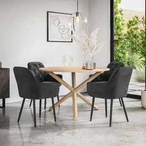 Malvern Round Dining Table And Chairs -  Oak Table Top w Solid Oak Legs + Anika Velvet Dining Chair Set Of 4 (Black)