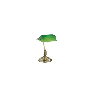 Luminosa Lawyer 1 Light Banker Table Lamp Antique Brass with Green Glass Shade, E27