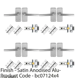 4 PACK - Commercial Straight Door Handle & Latch Pack Set- Satin Aluminium Lever Backplate