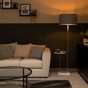 ValueLights Tavel Brushed Gold Floor Lamp with Table and Grey/Chrome Shade