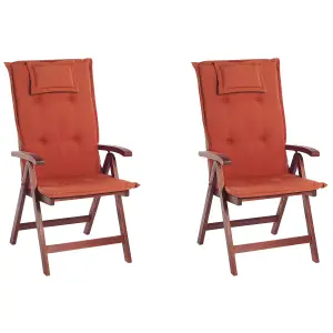 Set of 2 Garden Chairs with Cushions TOSCANA Acacia Wood Dark Red