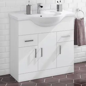 Nes Home 850mm Floorstanding 3 Door Basin Vanity Unit White