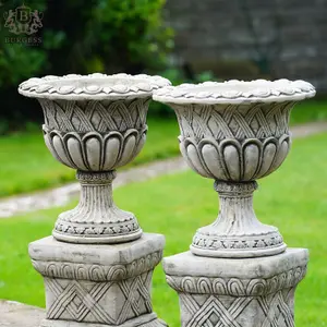 Pair of Vase Urns + Plinth Planters British made Stone Garden Ornament