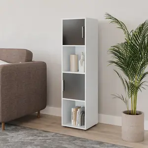 URBNLIVING 119cm Height 4 Cube Bookcase White Wooden Black Door Metal Handle Display Storage Shelf