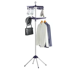 SONGMICS Clothes Airer, Clothes Drying Rack With 3 Rotatable Arms For Hangers, 4-Leg Indoor Folding Laundry Rack,  Blue And Silver