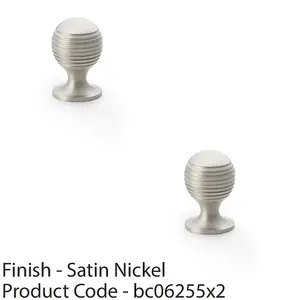 2 PACK - Reeded Ball Door Knob - 25mm Diameter Satin Nickel Lined Cupboard Pull Handle