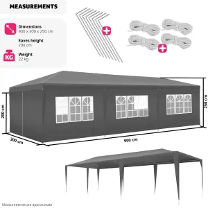 Gazebo Elasa - 9 x 3 m, with 8 side panels, weather & UV-resistant - grey