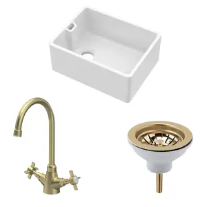 Fireclay Kitchen Bundle - Single Bowl Belfast Sink, Strainer Waste & Mono Crosshead Tap, 595mm - Brushed Brass - Balterley