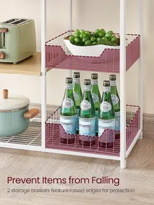 VASAGLE Baker's Rack, Kitchen Island With 2 Metal Mesh Baskets, Shelves And Hooks,  Industrial Style, Oak Beige And White