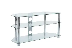 Clear Glass TV Stand 125cm wide Chrome Leg for 32 39 40 42 49 50 55 inch 4K Smart TV Screens