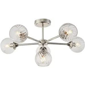 Bright Nickel Semi Flush Low Ceiling Light - Clear Spiral Multi Arm Glass - 6 X 7W LED E14