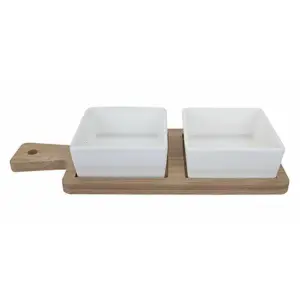 MantraRaj Serving Board With Two Square Ceramic Dishes Bamboo Serving Tray Sauce 2 Piece Set