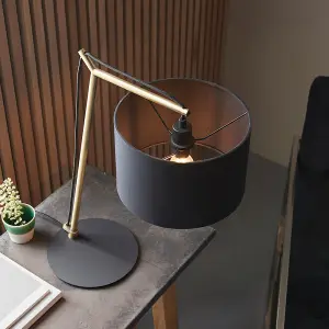 Brass Plated Angular Table Lamp Light - Black Base & Cotton Shade - Desk Light