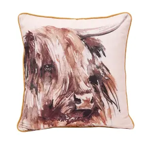 Meg Hawkins Square Cushion with Wooden Buttons  - Highland Cow