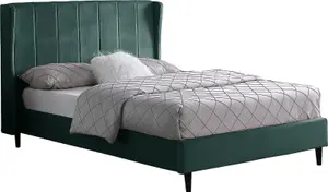 Amelia 5ft King Size Bed in Green Velvet Fabric with elegant winged headboard