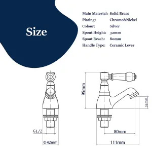 Victorian Chrome Bathroom Sink Taps, 1/4 Turn Brass Traditional Basin Pillar Taps G1/2 UK Standard Install Size 154CR