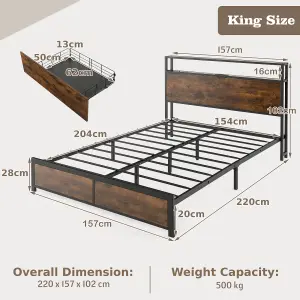 Costway King Size Bed Frame Metal Bed Platform LED Lights Headboard & 4 Storage Drawers