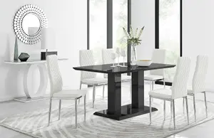 Imperia Black High Gloss 6 Seater Dining Table with Structural 2 Plinth Column Legs 6 White Stitched Faux Leather Milan Chairs