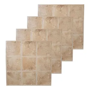 Floor Tiles Self Adhesive Vinyl Flooring Kitchen Bathroom Beige Brown Brick - Pack of 4 (0.37sqm)