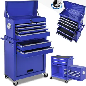 Tool Box - with wheels, 8 drawers, folding compartment, carry box attachment - blue