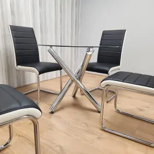 Round Chrome Metal and Clear Glass Dining Table and 4 Stylish Black White Faux Leather Dining Chairs Set