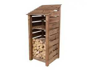 Slatted wooden log store with kindling shelf W-99cm, H-180cm, D-88cm - brown finish