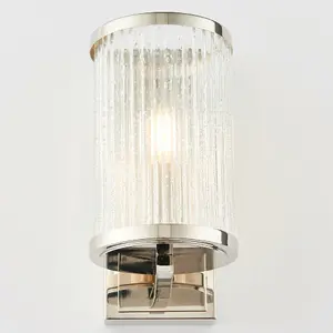 Dimmable LED Wall Light Nickel & Ribbed Bubble Glass Shade Hanging Lamp Fitting