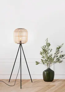 EGLO Bordesley Natural Wood and Black Metal Tripod Floor Lamp - Modern Design (D) 35cm