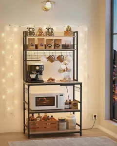 VASAGLE Kitchen Baker's Rack with Built-in Power Outlet, Coffee Station, Hooks, Shelf, Wire Panel, Greige and Ink Black