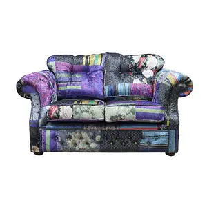 Chesterfield 2 Seater Sofa London Patchwork Multi Velvet Fabric In Era Style