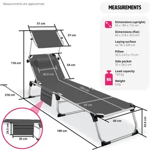 Sun Lounger Aurelie - foldable with headrest, 6 position backrest - grey