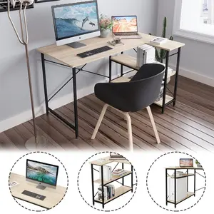 L-Shaped Desk (120 or 140cm x 90cm) Corner Desk with Adjustable Shelves by Aliff Oak / 74cm H x 120cm W x 90cm D