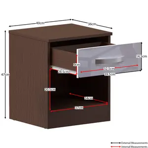 Arkadij High Gloss 1 Drawer Manufactured Wood Bedside Table, Modern Bedroom Cabinet White/Walnut